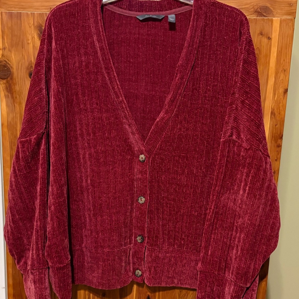 AnyBody Chenille Button Front Cardigan with Rib Trim